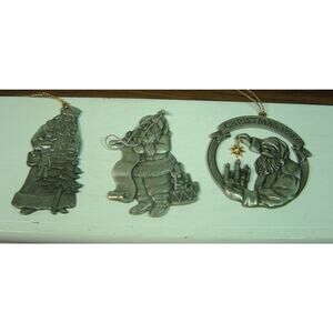 3 VINTAGE AVON ORNAMENTS-PEWTER SANTAS FROM THE 1990'S-NO BOXES